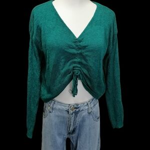 🔵🟢 Teal V-Neck Ruched Front Sweater